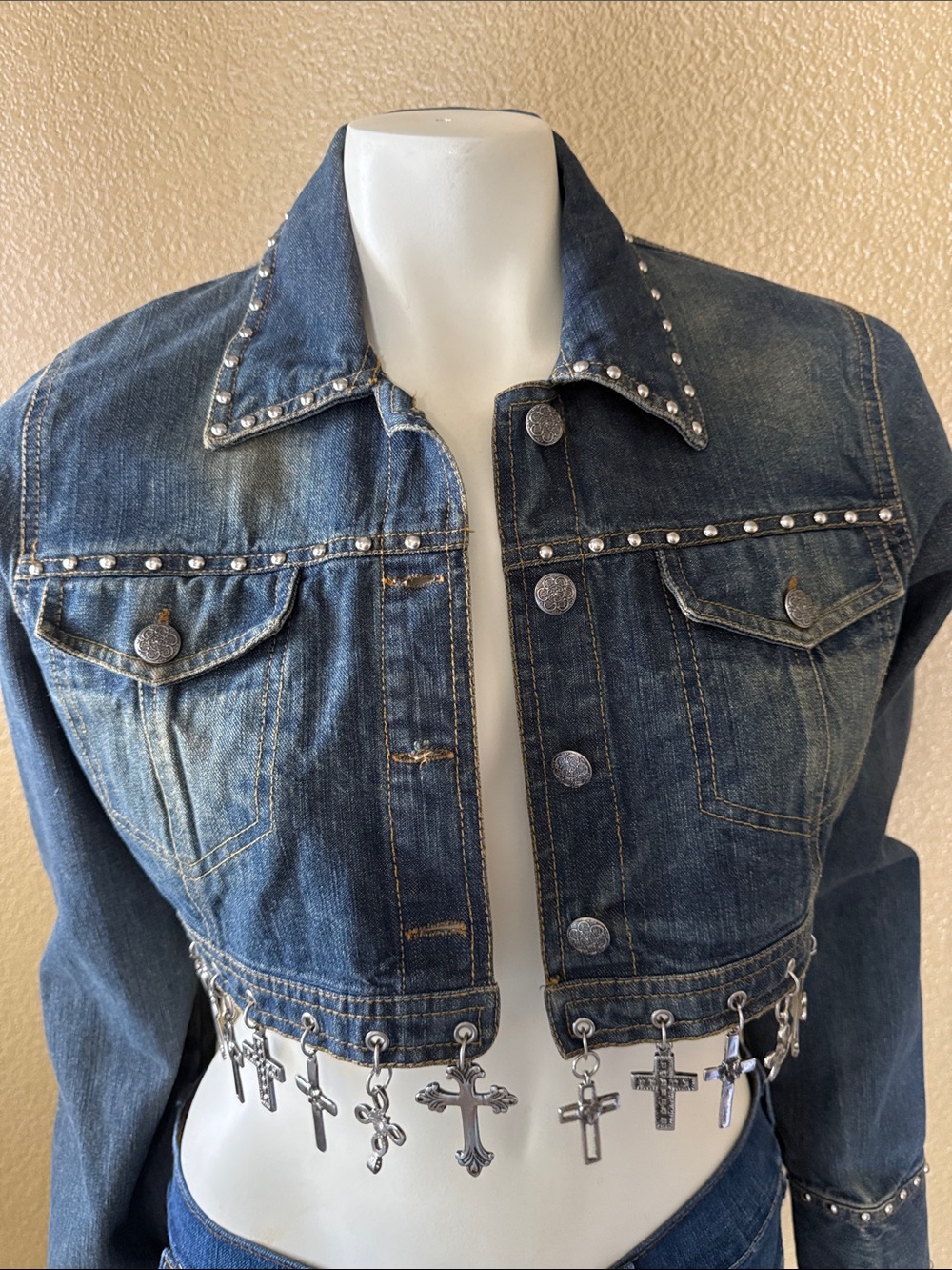 Studded Cropped Denim Jacket with Cross Charms
